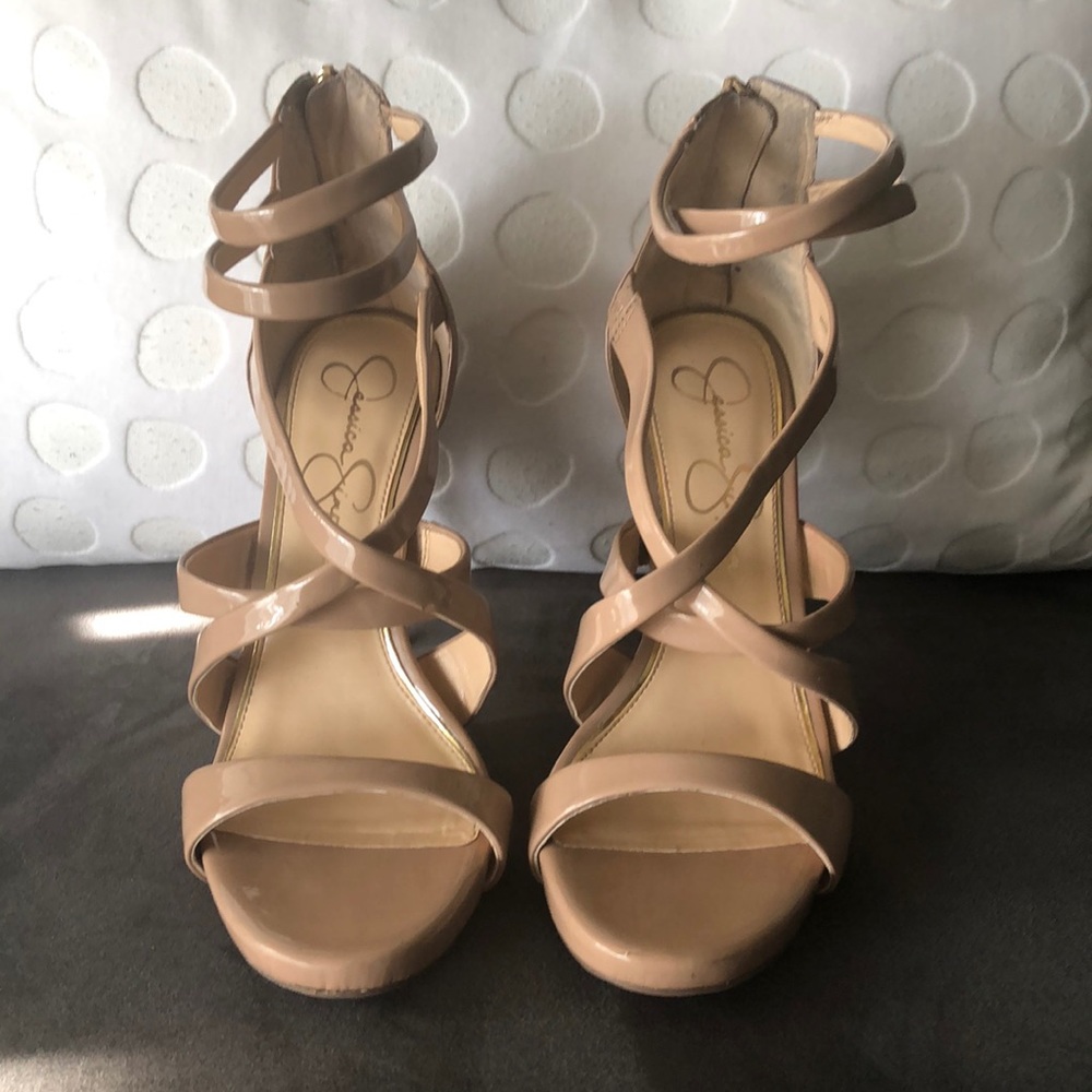 Strappy, nude, 4” sandals. Great for spring!